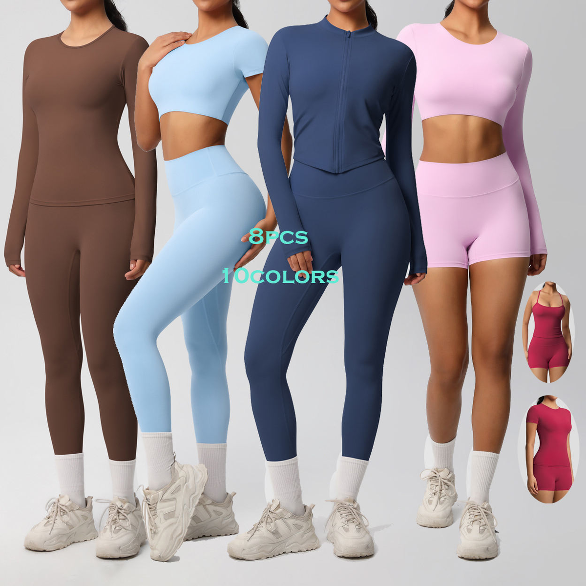 Summer Women's 6-Piece Breathable Quick-Dry Spandex/Nylon Sports Set Lightweight Athletic Workout Clothes High-Waisted