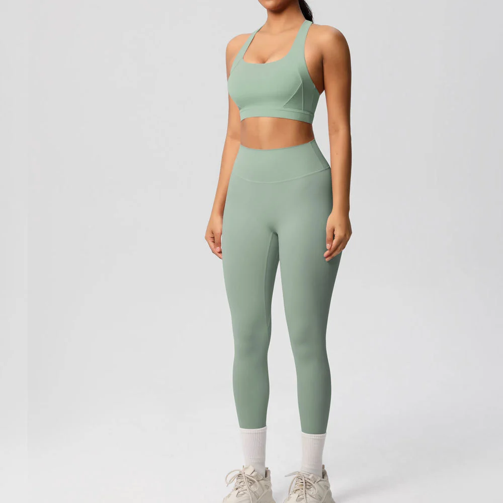 Solid Color Two Piece Yoga Set High Waist Leggings And Bra With Twist Design Crisscross Back Breathable Spandex Polyester