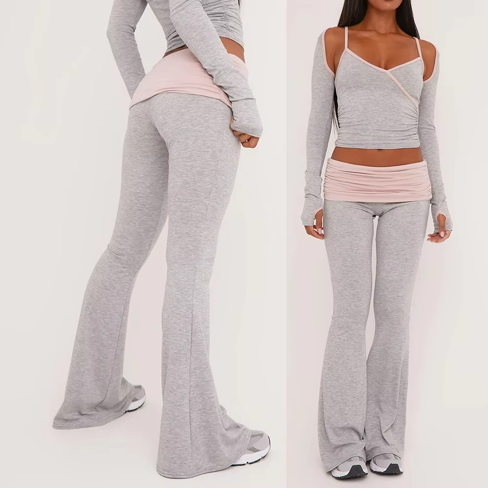Custom Contrast Fold Over Flare Sports Leggings Yoga Pants Outfit Sets Gym Workout Activewear Women Fitness Set