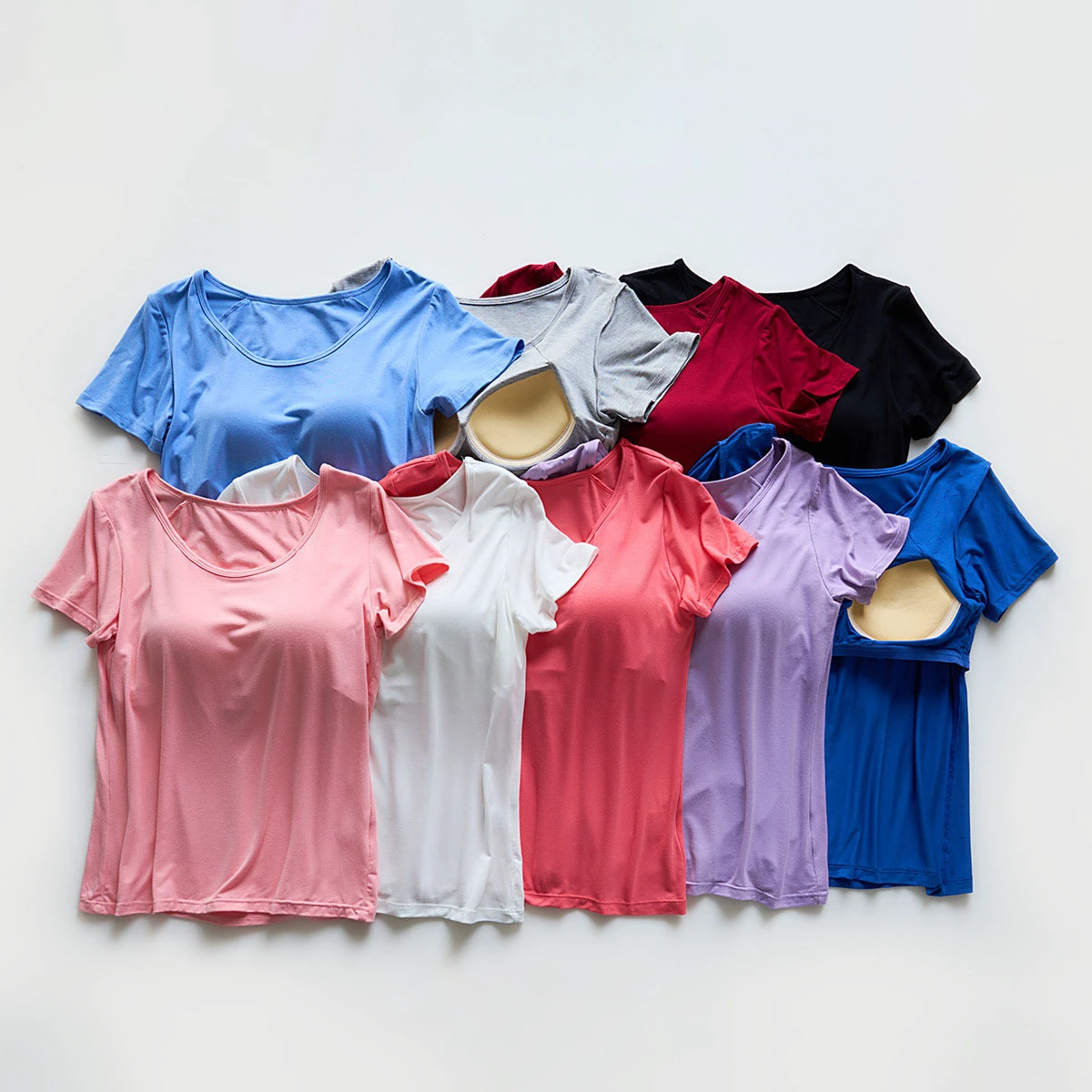 Custom Logo Soft 90% Modal Summer Skin Friendly Short Sleeve Shirts for Women Yoga Pilates Built in Bra Active Top Plus Size