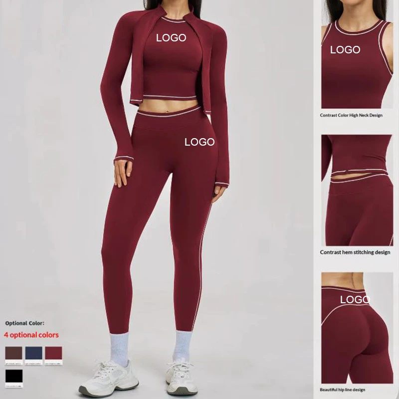 New Women's Color-Blocking Yoga Set-Sweat-Wicking Wrinkle-Resistant Spandex/Nylon Slim Fit Three-Piece Outdoor Sports XL Front