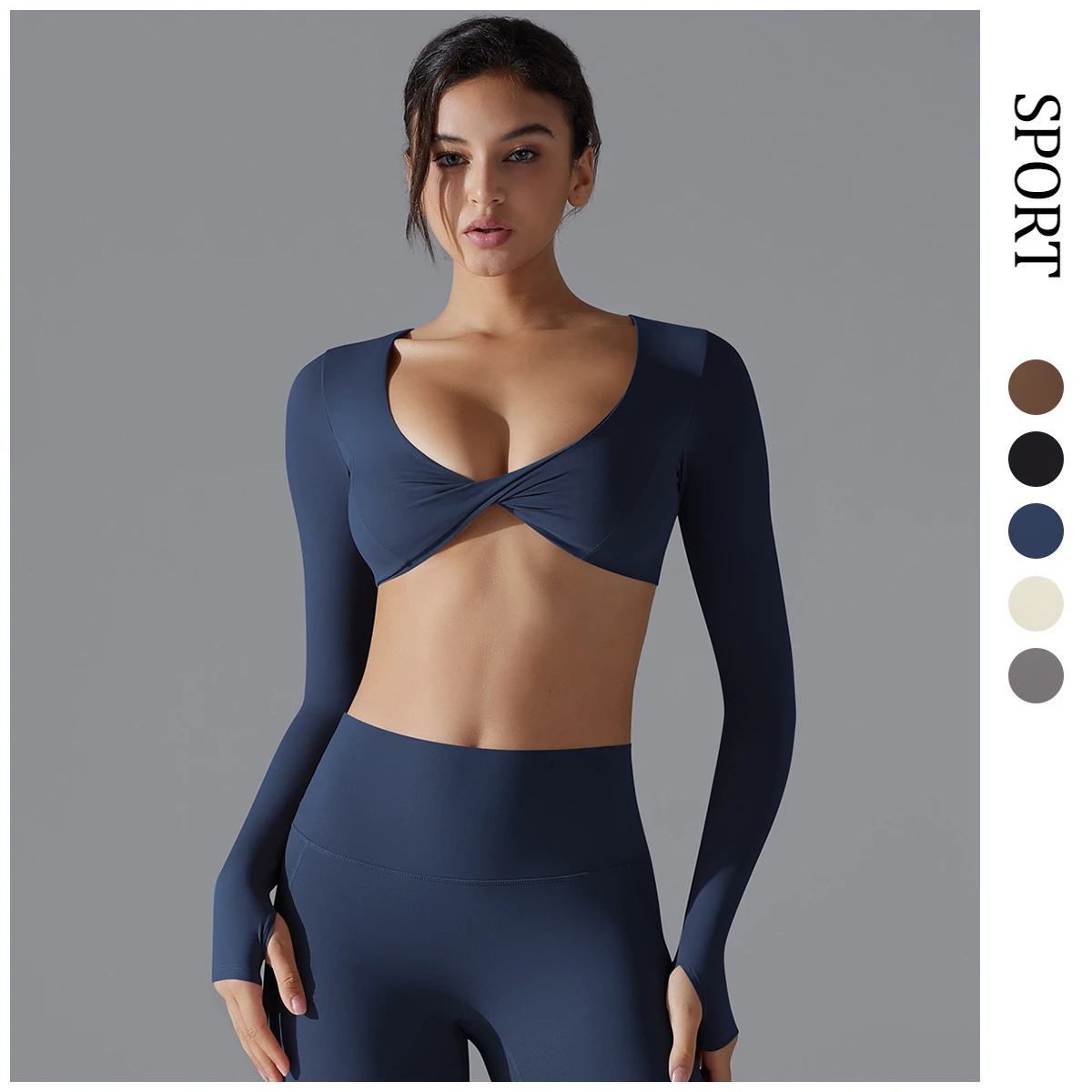 Sexy Chest Long-sleeved Yoga Bra Quick-dry Tight Spandex/Nylon Solid Sports T-shirt Casual Top