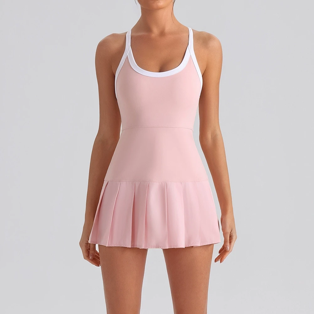 Women's Pleated 2-Piece Yoga Dress & Tennis Skirt Four-Way Stretch Elastic Waist Front Logo-High Elastic for Fitness Training