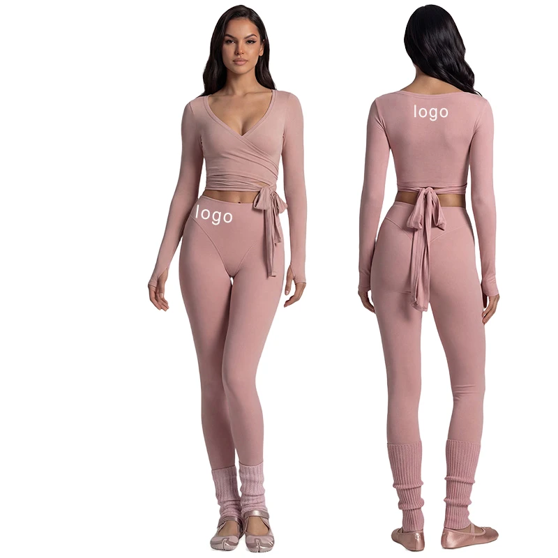 Premium Solid Long Sleeve Yoga Top and High Waist Leggings Set Nylon Spandex Stretch Outdoor Fitness Activewear 2 Piece