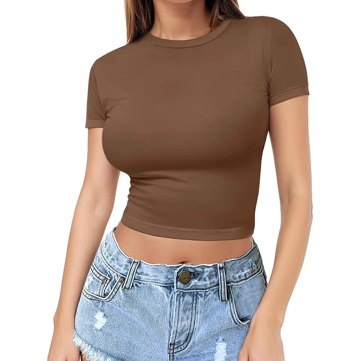 Women's Summer Crop Top Short Sleeved Basic Style Slim and Fashionable with Round Neck Exposed T-Shirts