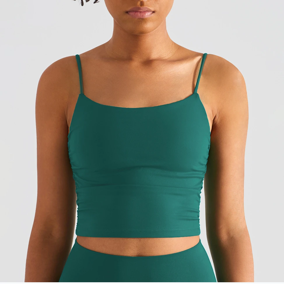 Custom Logo Soft Fitness Side Ruched Slim Fit Camisole Women Yoga Ruched Sling Sports Bra Padded Gym Tank Top