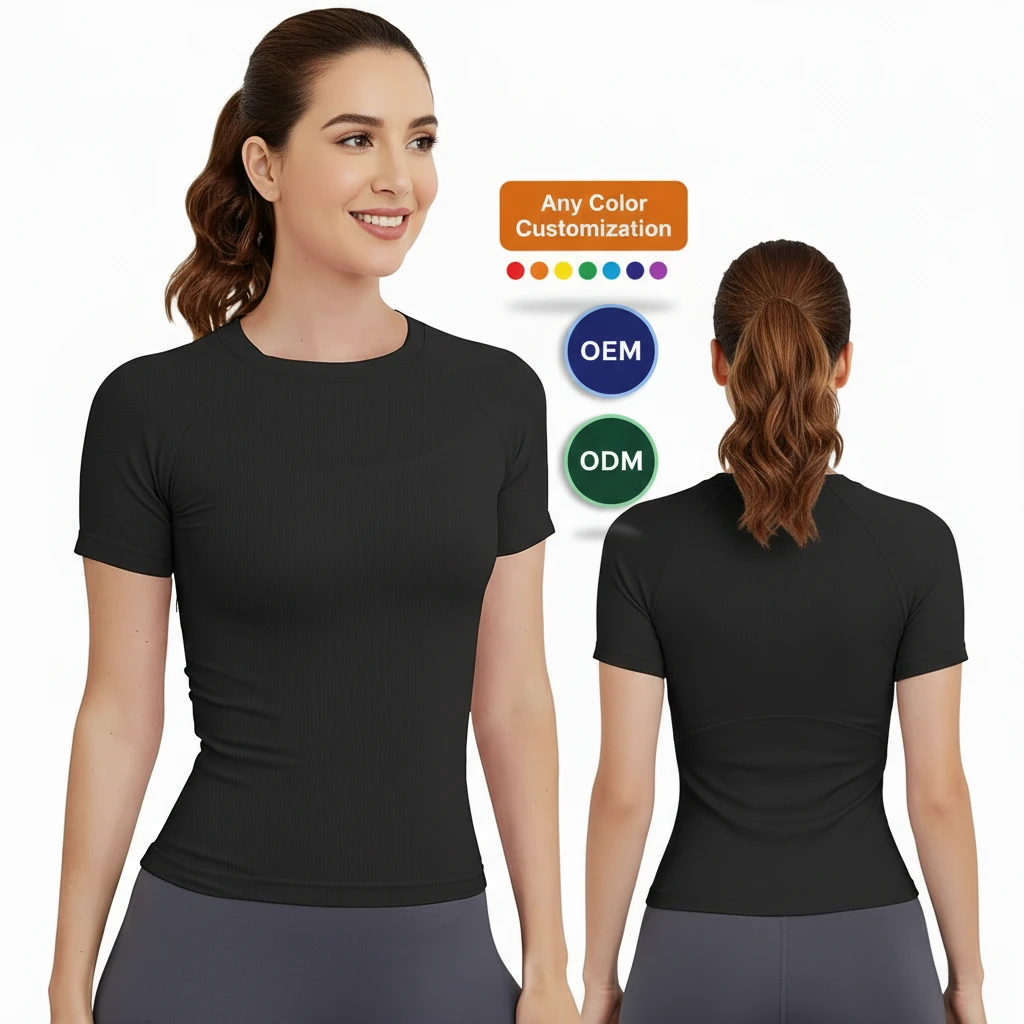 Custom Breathable Spandex Front Logo Simple Fashion Short Sleeve Top for Women's Fitness Yoga Gym Workout