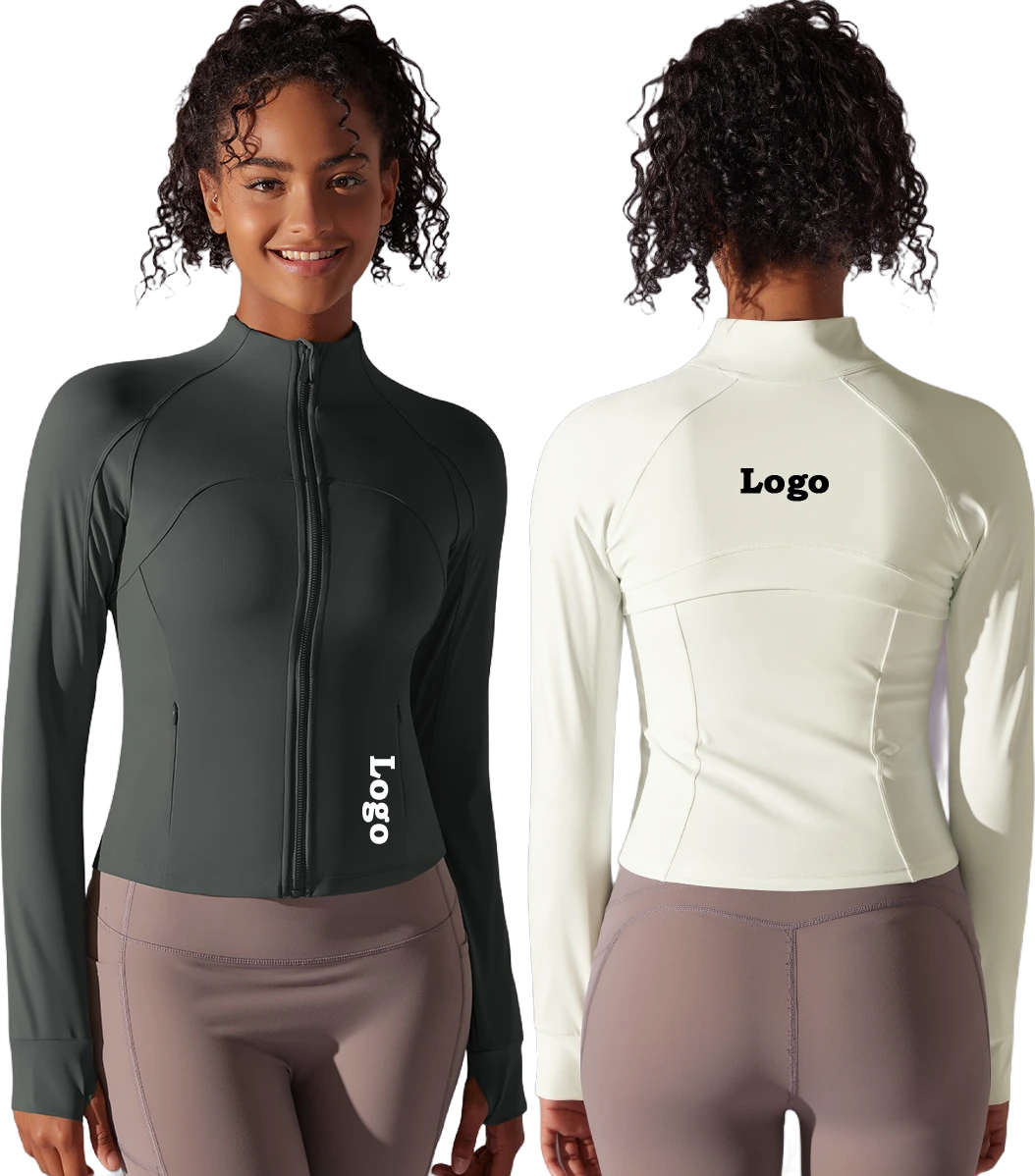 New Solid Color Stand-up Collar Long Zipper Long-sleeved Jacket Abrasion Tight Sports Running Fitness Yoga Clothing Tops Female