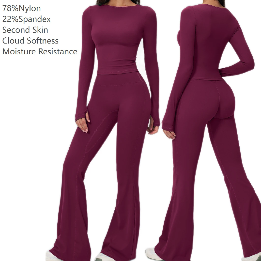 Custom Gym Workout Yoga Fitness Wear Women Set Two Piece Long Sleeves Tshirts Flared Track Pants Activewear Ropa Deportiva Mujer