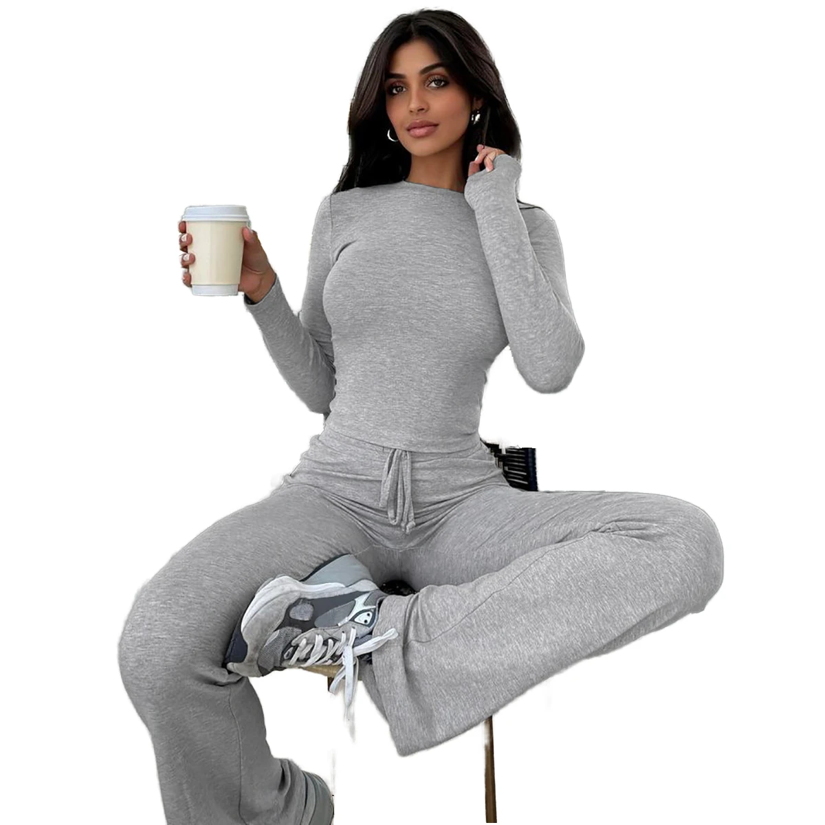 2025 Women's Fall Sports Yoga Set Long Sleeved Flare Pants and Short Top Slim Fit Solid Pattern Two Piece Sports Suit