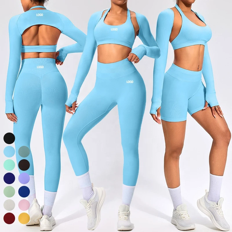 Women's High Elastic Long Sleeve Top Halter Sports Bra Leggings 3 Piece Sports Suit Gym Fitness Sets Seamless Yoga Set for Women