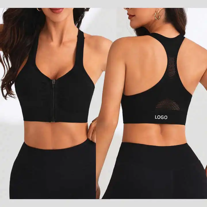 Wholesale High Support Front Zipper Yoga Bra Racer Back Unisex Padded Sports Bra Breathable Four-Way Stretch Sport Bra