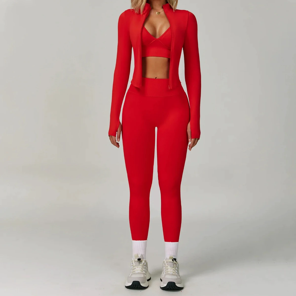Premium 3 Piece Women’s Yoga Set Stretch Gym Leggings, Sports Bra & Crop Jacket Comfortable Flexible Fitness Outfit