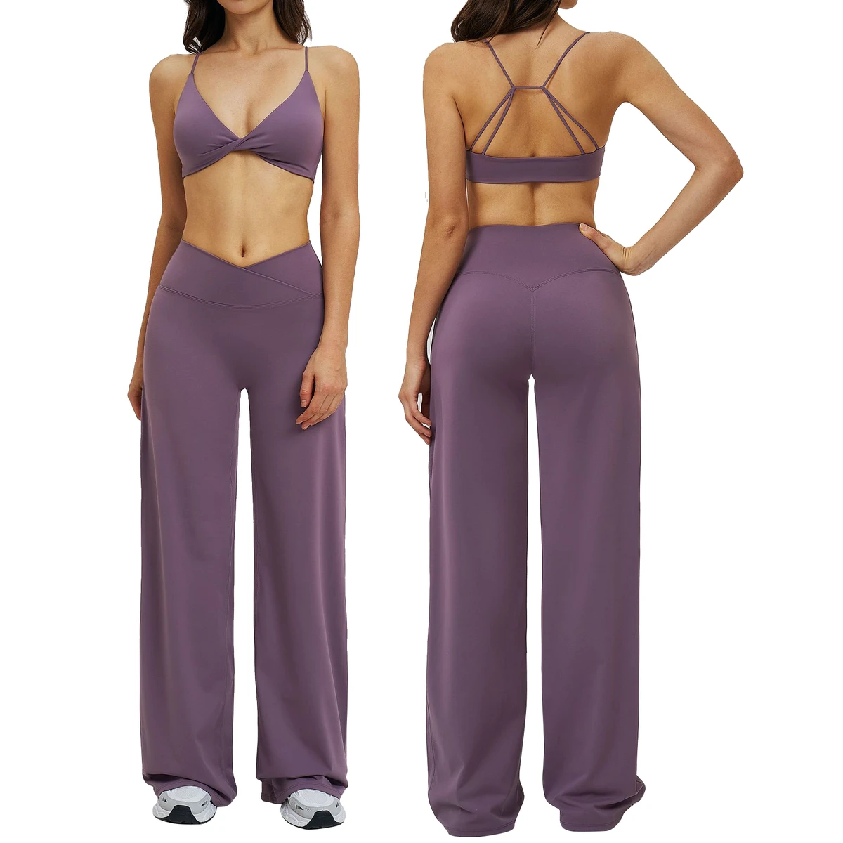 High-Waisted Wide-Leg 2-Piece Workout Gym Fitness Set-Elastic Waist Sweat-Wicking Four-Way Stretch Sportswear