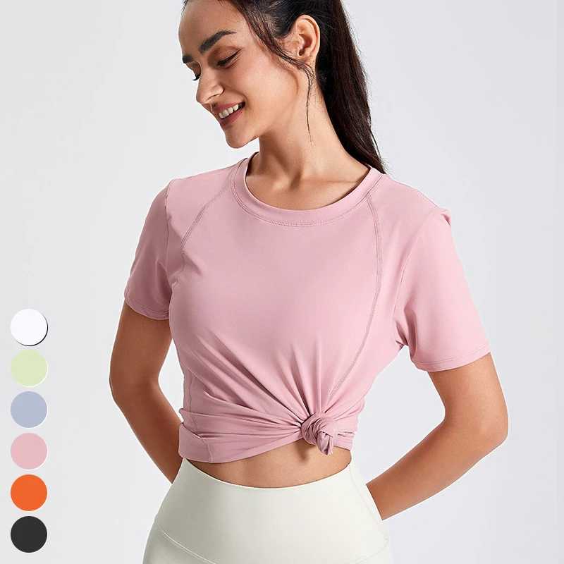 Women's Custom Logo Yoga Clothing Eco-Friendly Breathable Casual Loose Sports Top Short Sleeve Fitness Tshirt Mesh Patchwork