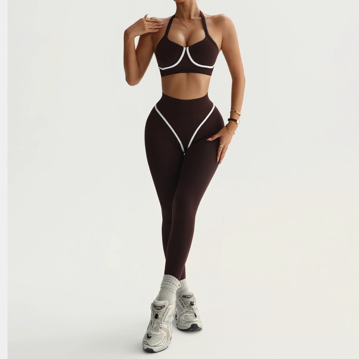 FLW OEM Women's Seamless Color Block Yoga Set Halter Sports Bra Stripe Design Faux Two-Piece Leggings Gym Workout Activewear ODM