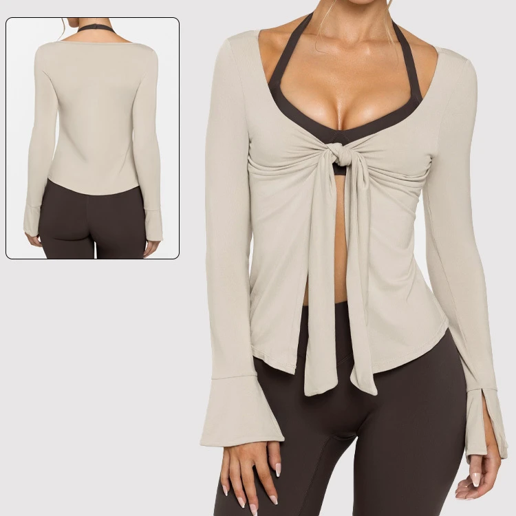 2026 Loose Belted Pleated Yoga Sweatshirt Anti-UV Pilates Recycled Fabric Athleisure Lightweight Women Yoga Shirt