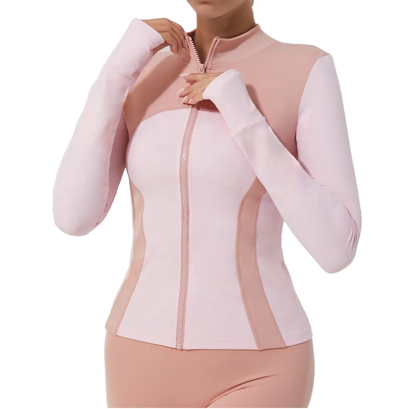 Women Color Blocking Gym Yoga Sport Jacket Long Sleeve Stand Collar Zipper Front Logo Quick Dry with Thumbhole