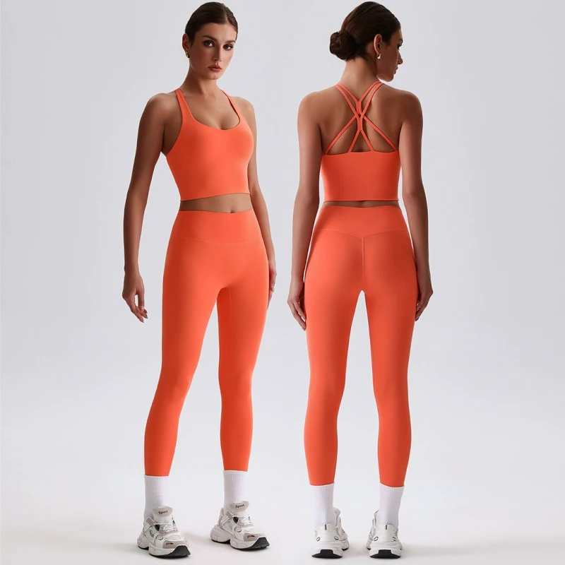 Aoyema Women's Quick-Drying Running Yoga Training Stretch Cross Back Bra Fitness High Waist Leggings Set for Sports Wear