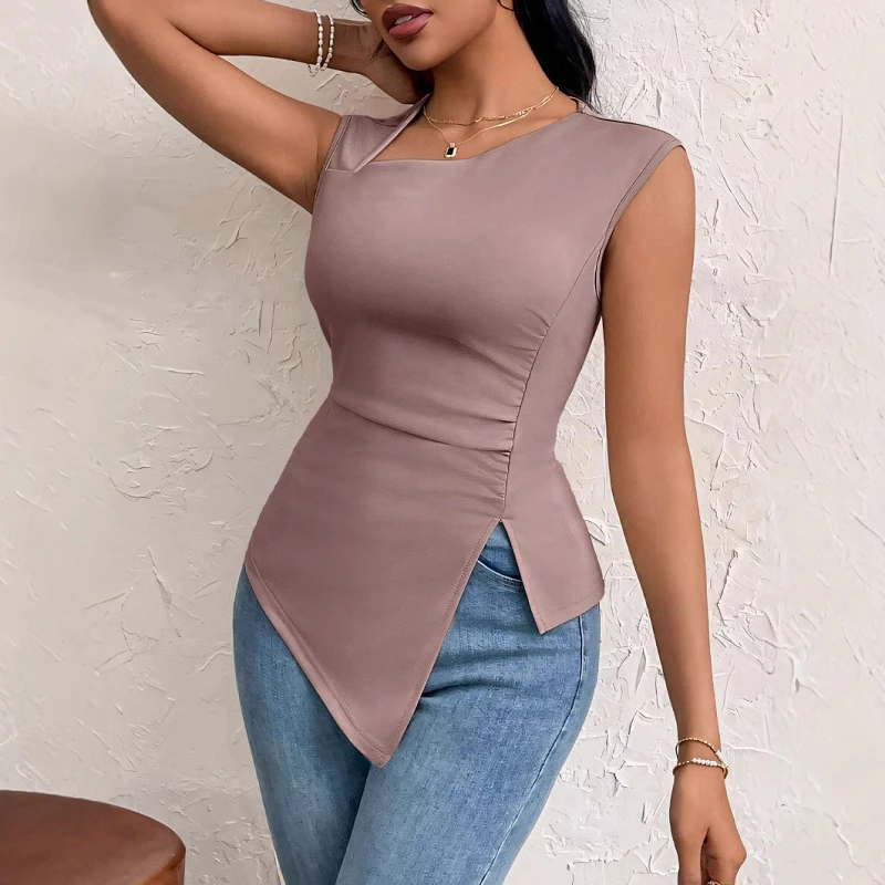 New Women's Elegant Style T-shirt Slant Collar Slim-fit Short Solid Color Irregular Women's Top with Slant Neck Sleeveless