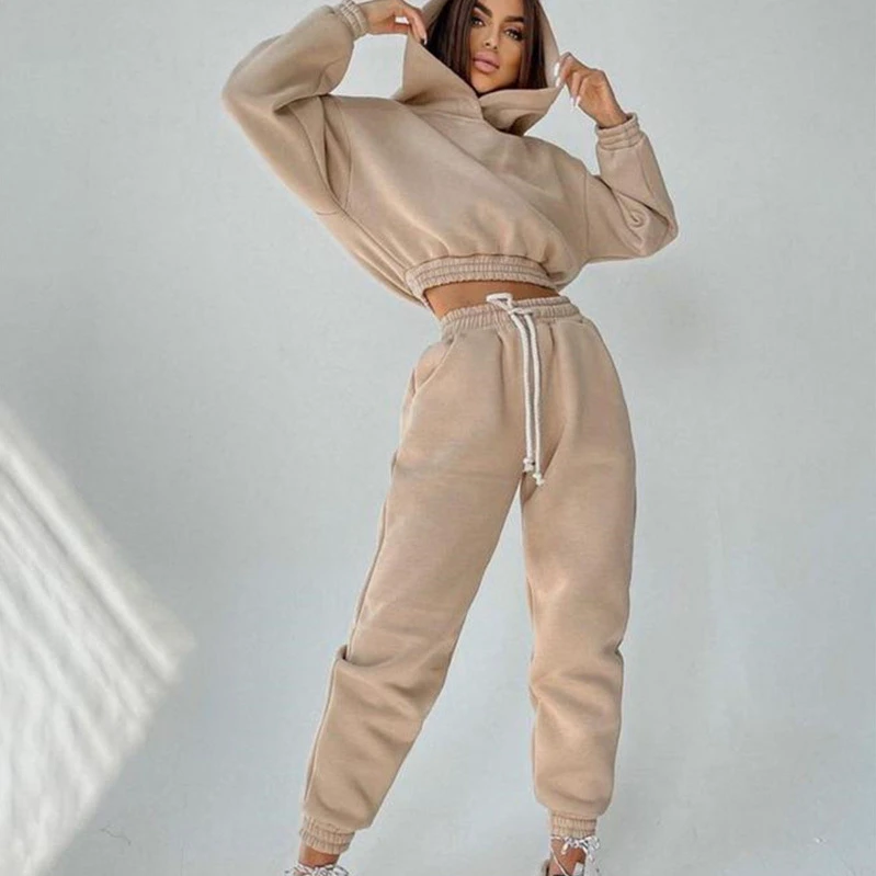 Custom Logo Blank Women Pullover Crop Top 3d Print Emboss Embroidery Cotton Sweatpants And Hoodie Set