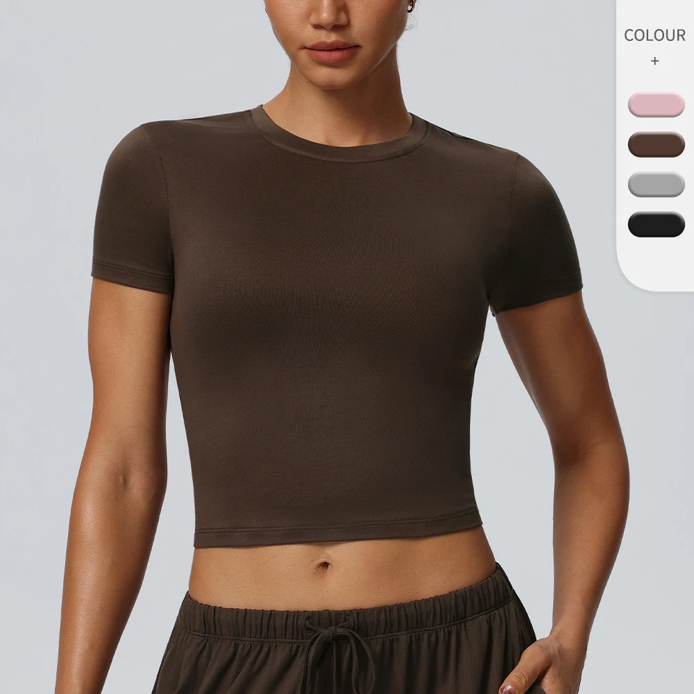Womens Short Sleeve Crop Shirt Solid Custom logo Running Yoga Wear Polyester Spandex Quick Dry Sports Top Round Neck Short Shirt