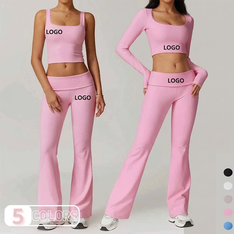 Custom Sports Crop Top Vests Long Sleeve Leggings Shorts Set Casual Seamless Yoga Sets Fitness Women Summer Lace Sport Yoga Suit
