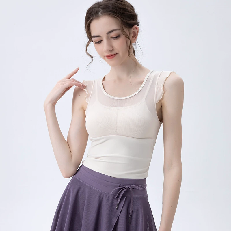 2024 New Factory Wholesale Summer Custom Women's Fitness Gauze Yoga Short Sleeve Top Built-in Bra