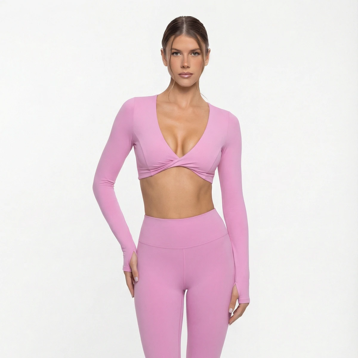 Women's 2-Piece Yoga Set Spandex/Nylon Quick-Dry Halter Neck V-Neck High Waist Tight Outerwear Long-Sleeve Top for Pilates Yoga