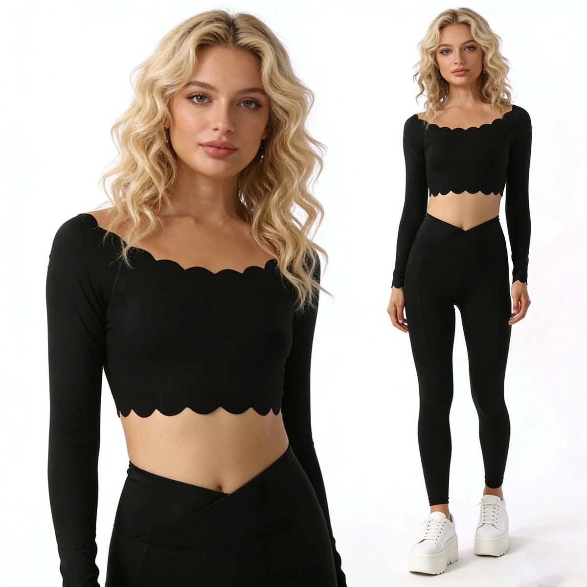 Wholesale Scalloped Wave Cut Long Sleeve Yoga Tops Breathable Quick Dry Sports Tight Workout Tops Women Fashion Gym Sportswear