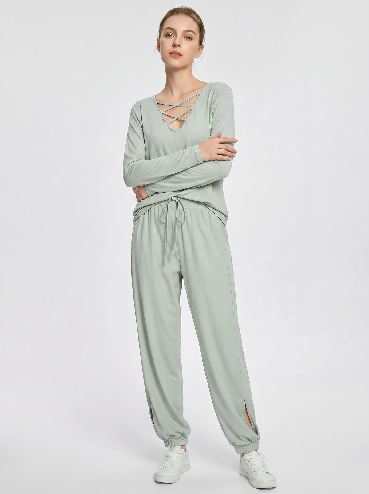 Women's cross back V-neck long sleeved yoga top, soft and breathable casual home shirt, customizable