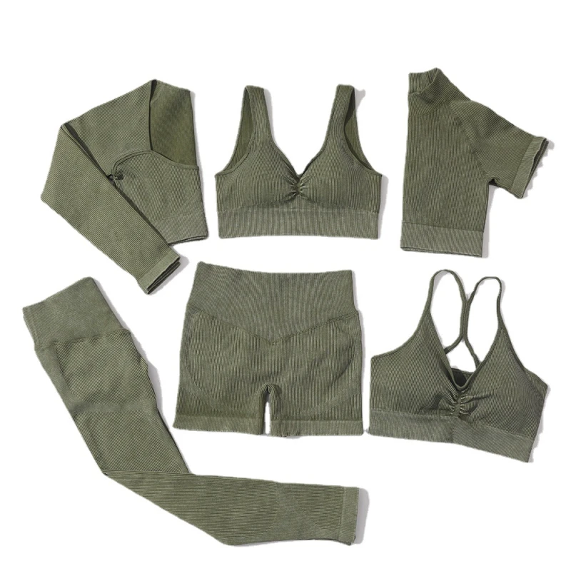 Wholesale Women Seamless Yoga Sets High Quality Yoga Wear Ribbed Tights Leggings Custom Sustainable Six Piece Yoga Short Set