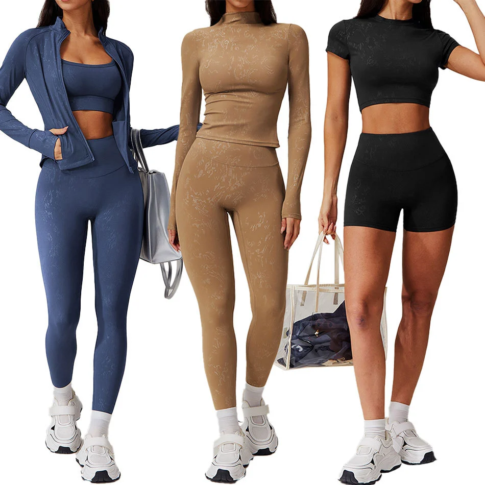 Ladies Fitness Suit Workout Sexy Sportswear Bra Crop Long Sleeve Butt Lift Leggings High Waist Shorts 6 Pieces Yoga Set