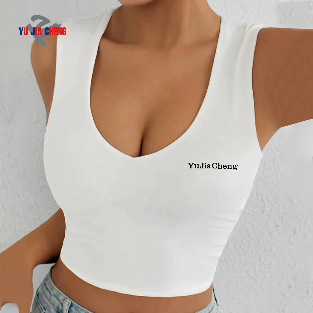 Summer Ladies Embroidered Deep U Neck Crop Top Tee Custom Clothing Manufacturers Fitness Workout Gym Sports Yoga Tank Top Women