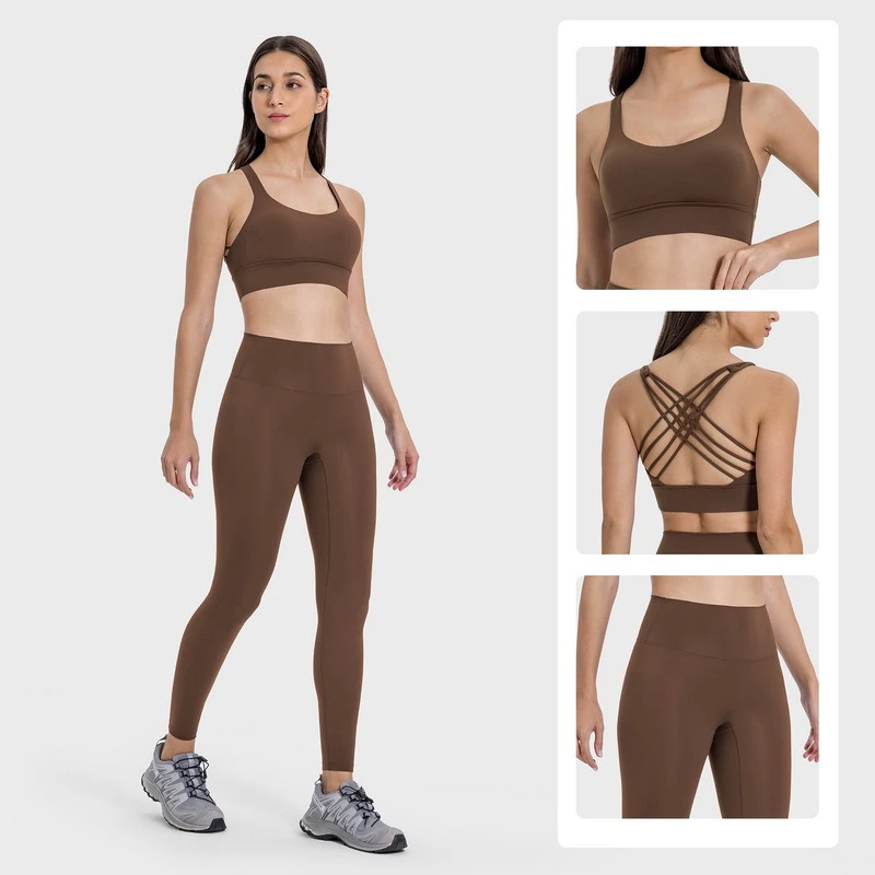 Womens Yoga Set Crop Sports Bra with 7/8 Leggings Multi Strap Four Way Stretch Breathable Squat Proof Quick Dry Athletic Outfit