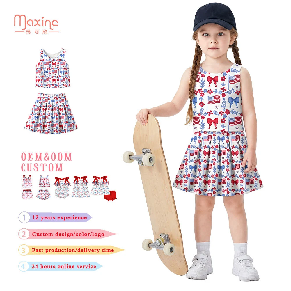 Wholesale Girls Clothing Sets Summer Kids Yoga Set 4th of July Design Baby Active Wear Sports Yoga Pleated Skirt with Short