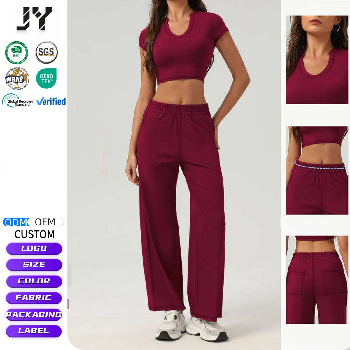 JY Women 2 Piece Yoga Set Short Sleeve Crop Top and Wide Leg Sweatpants High Waist Loose Lounge Tracksuit Gym Workout Outfit