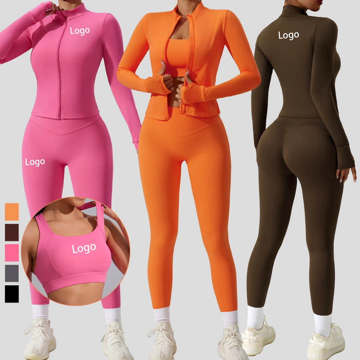 Solid Tight-fitting Sportswear Set Women's Quick-drying Breathable Four-Way Stretch Fitness Suit Three-piece Cardigan Yoga Suit