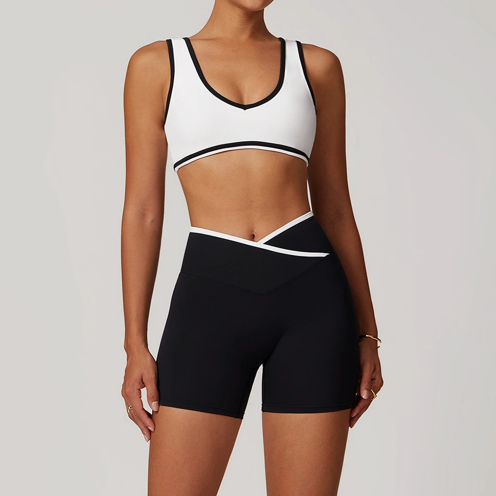 Solid Compression 2 Piece Sportswear High Waist Shorts Cross Workout Clothes Women Active Wear Yoga Set Quick Dry Sweat-Wicking