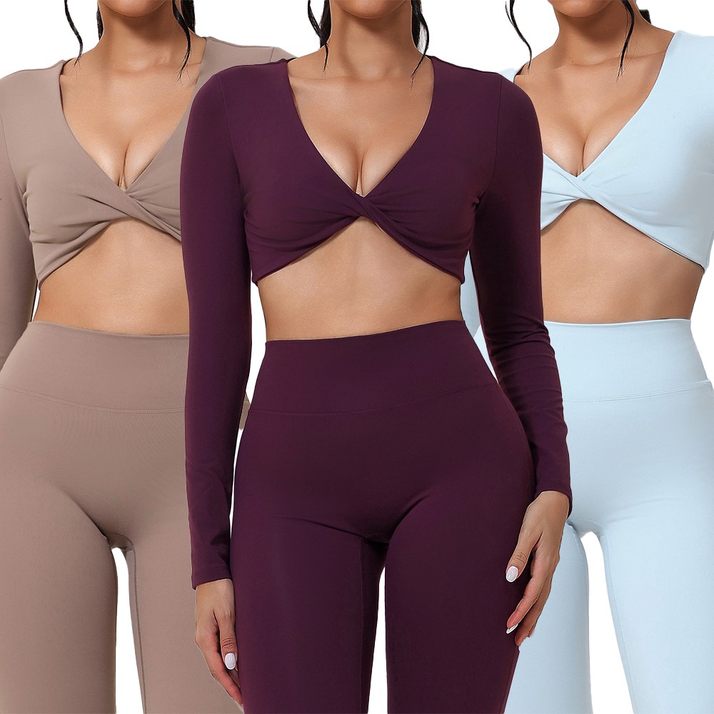 Custom v Neck High Elastic Halter Yoga Top Long Sleeves Gym Fitness Training Workout Yoga Crop Top Long Sleeves for Women