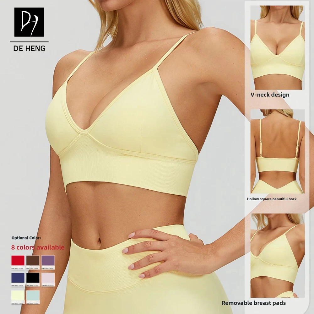 2026 New Custom Seamless V Neck Open Back Halter Adjustable Yoga Running Fitness Womens Sports Bra