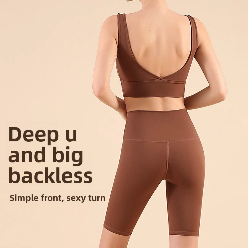 Summer Solid Beautiful Back Hip Lifting Short Yoga Suit High Waist Tummy Control Cropped Pants Fitness Push-up Sports Bra