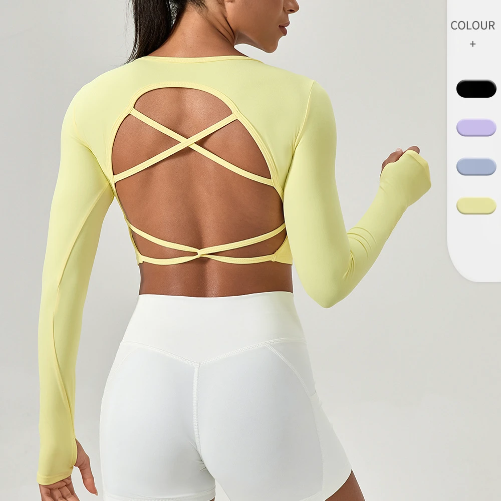 Women's Tight-fitting Spandex/Nylon Long-sleeve Yoga Wear Built-in Chest Pads Cross-back Sports Top