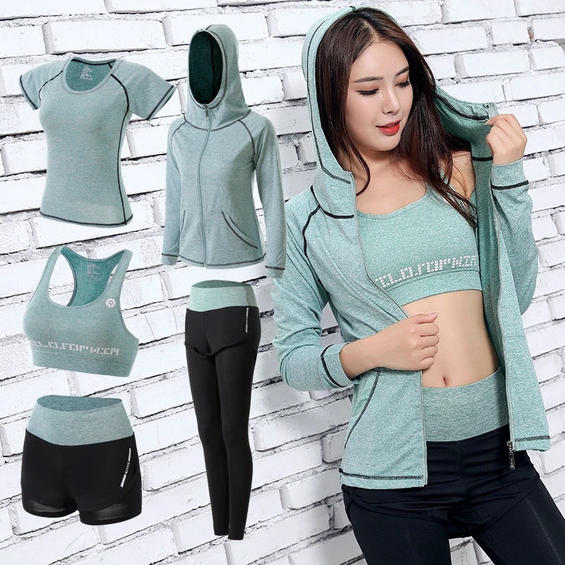 Women's 5-Piece Workout Outfit Set, Quick-Dry Yoga Clothing with Hoodie, Top, Bra, Leggings & Shorts for Gym, Running & Fitness
