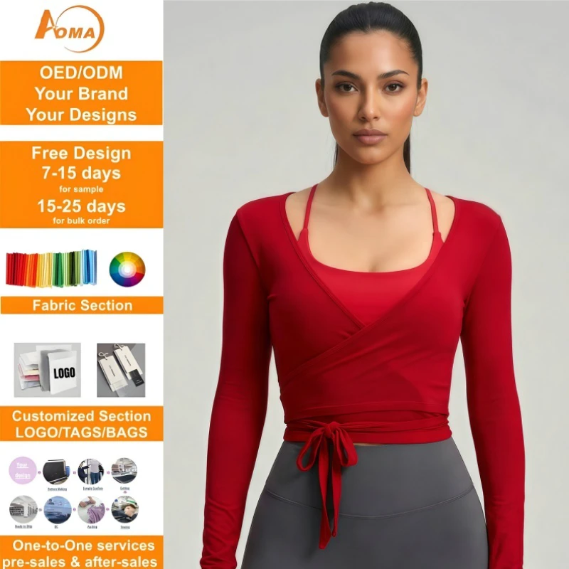 Aoyema Women Fitness Wear V-neck Lace-up High Elastic Breathable Slim-fit Solid Sports Fitness Yoga Top