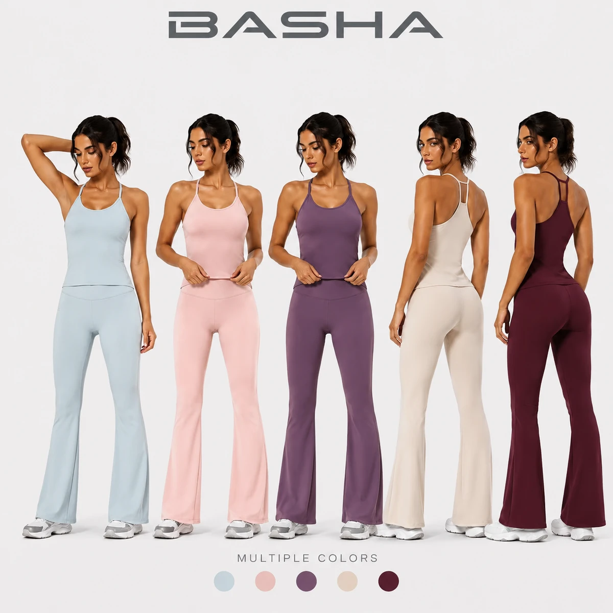 BASHAsports Women Yoga Sets Gym Clothes Fitness Apparel Nylon Spandex Vest with Chest Pads Flared Pants Custom Logo