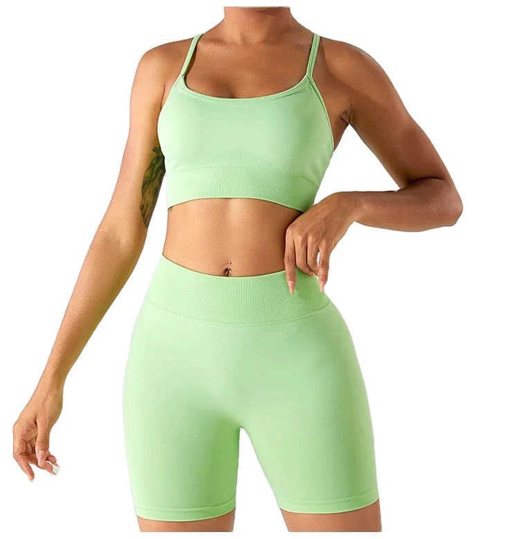 Wholesale Custom Logo Plus Size Women Yoga Shorts Bra Set Polyester Spandex Four-Way Stretch Breathable 2-Piece Workout Set