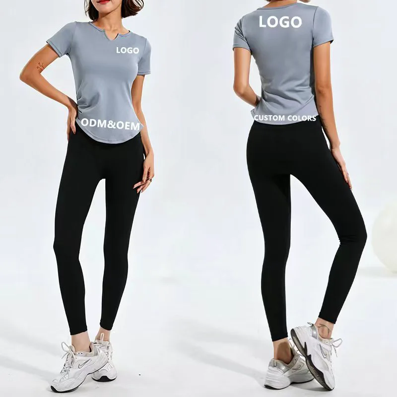 V-neck Short-sleeve for T-shirt Quick-drying Wrinkle-resistant Bare-feel Seamless Yoga Wear Pleated Waist-cinching Design