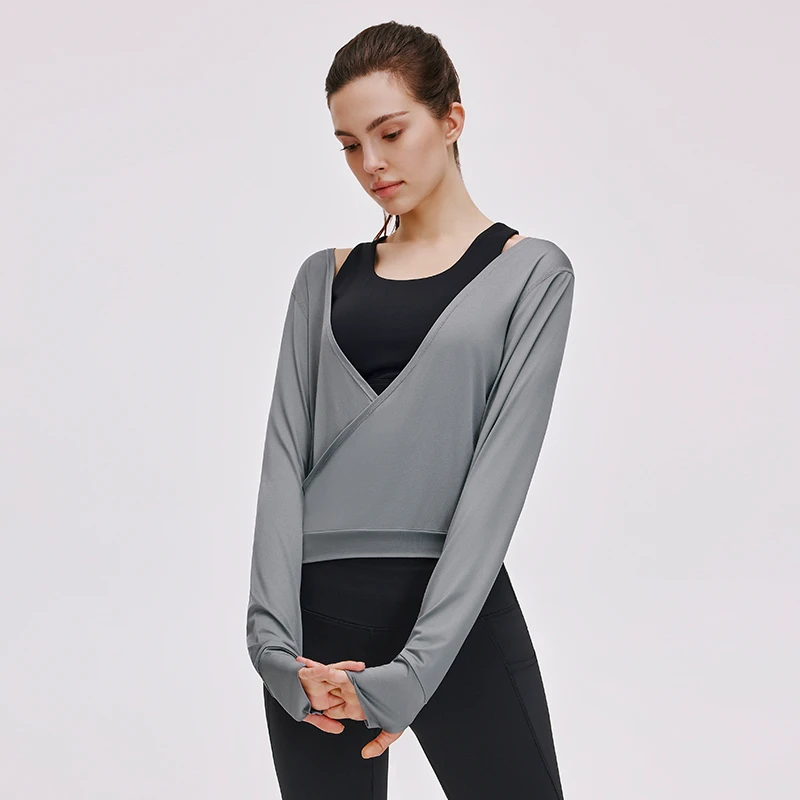 Wholesale Women Wrap Tie Top Slim Sports Long Sleeve Ballet Workout Yoga Shirt