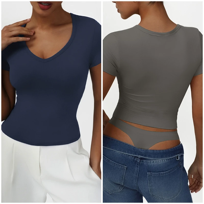 Sm2524-2 Women Short Sleeve Sports Tops V-neck Sexy Beautiful Back Fitness Clothing Quick-drying Breathable Sport Wear Women